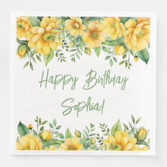 Servilleta De Papel De Cena Yellow Sage Green Flowers Floral Party Napkins (Anverso)