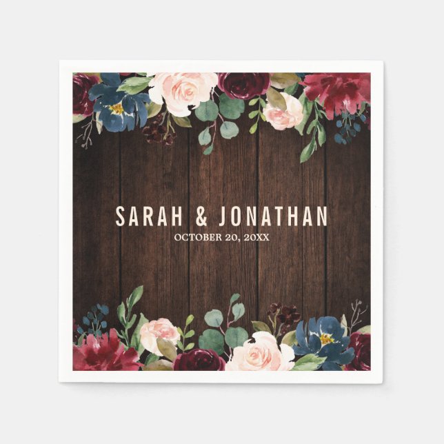 Servilleta de papel de madera floral rojo Borgoña  (Anverso)