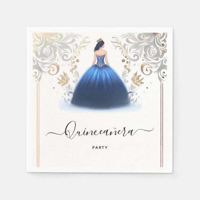 Servilleta De Papel De marfil Ombre Cielo Dorado Real Azul Quinceanera (Anverso)