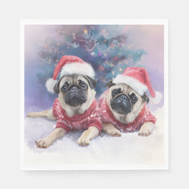 Servilleta de papel de Navidad con dos pugs adorab (Anverso)