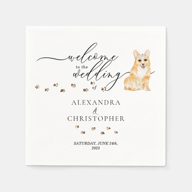 Servilleta De Papel Decor Bebida Corgi Perro Bienvenido a boda (Anverso)