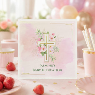 Servilleta De Papel Dedicación de Bebé Cruz Floral Acuarela Rosa Nombr