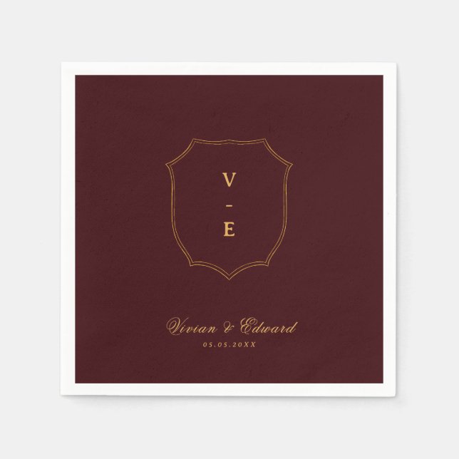 Servilleta De Papel Deep Burgundy & Gold Crest Monogram Winter Wedding (Anverso)