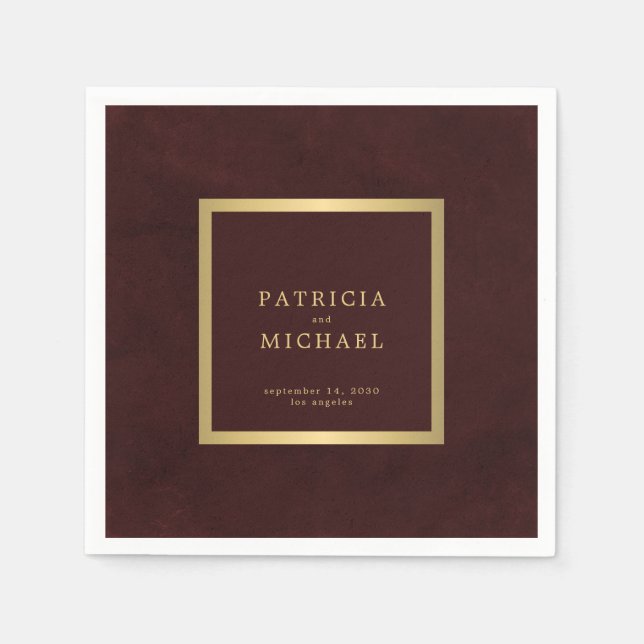Servilleta De Papel Deep burgundy gold wedding bride and groom (Anverso)