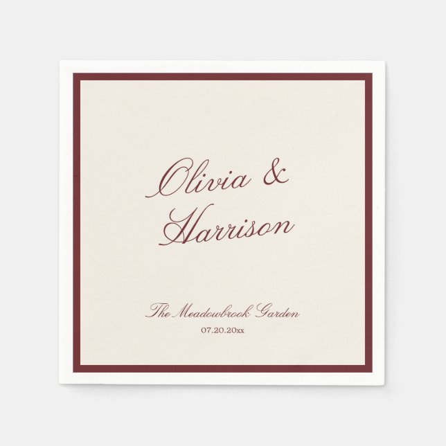 Servilleta De Papel Deep Wine Classic Calligraphy Old Money Wedding (Anverso)