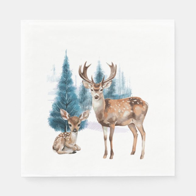 Servilleta De Papel Deer and doe with snowy pine tree (Anverso)