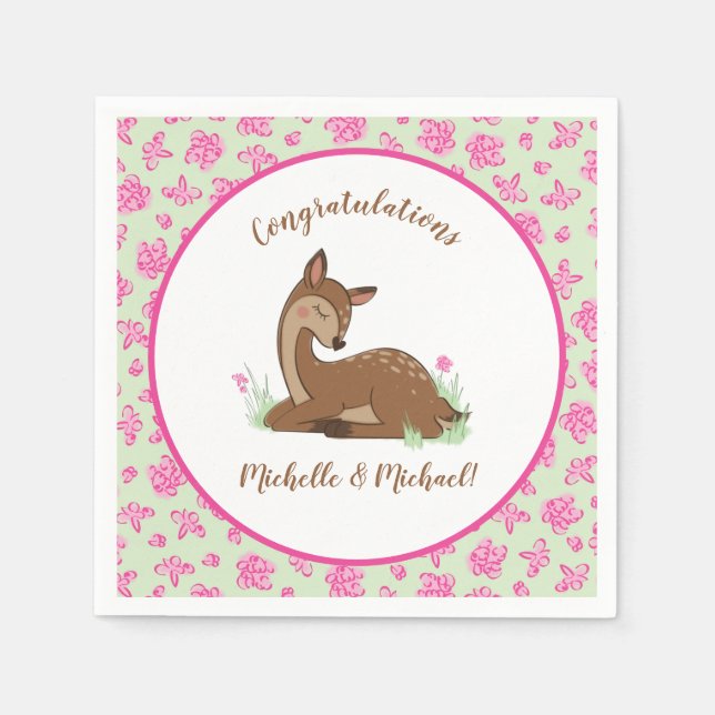 Servilleta De Papel Deer Baby Shower Woodland Fawn Pink (Anverso)