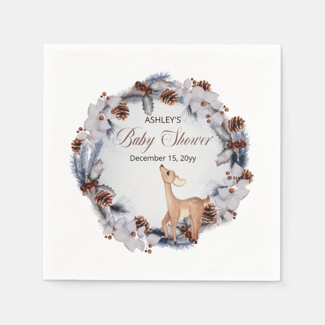 Servilleta De Papel Deer Rustic Winter Floral Baby Shower (Anverso)