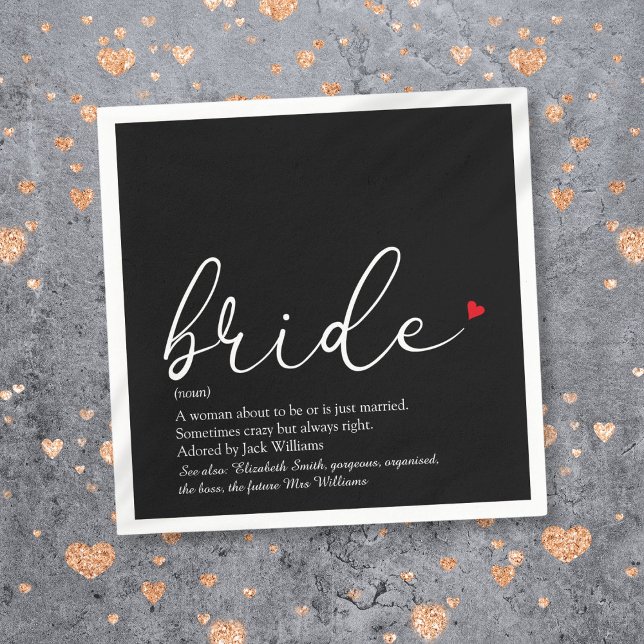 Servilleta De Papel Definición de Novia Script de Desayuno Nupcial Cor (Bride Definition Bridal Shower Script Red Heart Napkins)