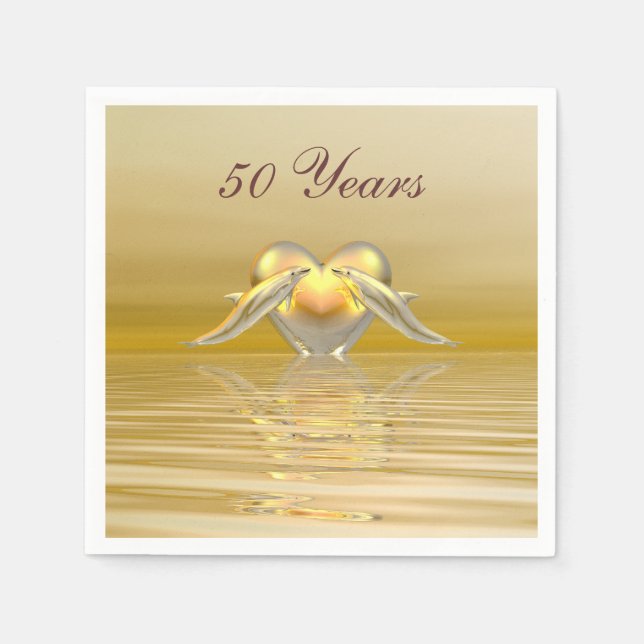 Servilleta De Papel Delfines del Aniversario Dorado y Corazón (Anverso)