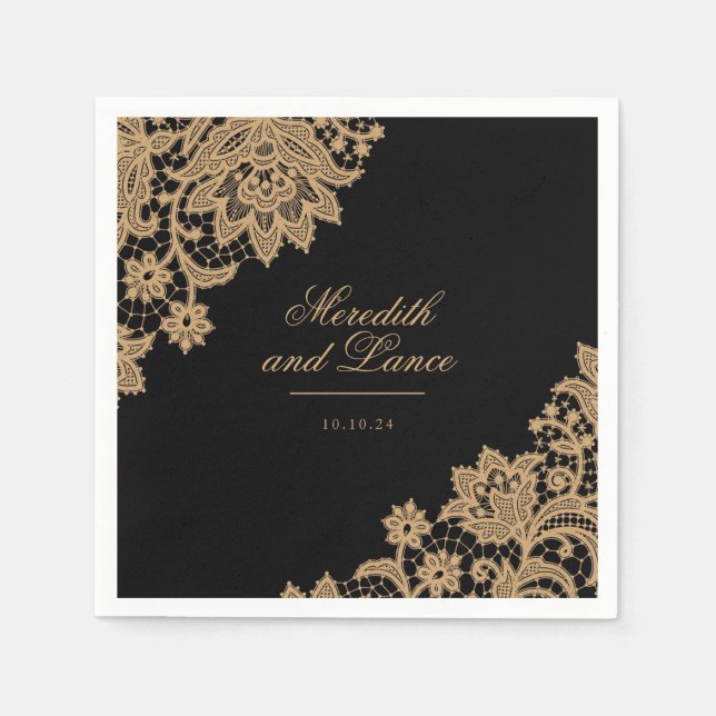 Servilleta De Papel Delicada Boda Lace Black and Gold Script (Anverso)