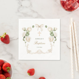 Servilleta De Papel Delicadas Rosas de Marfil Marco Bautizo