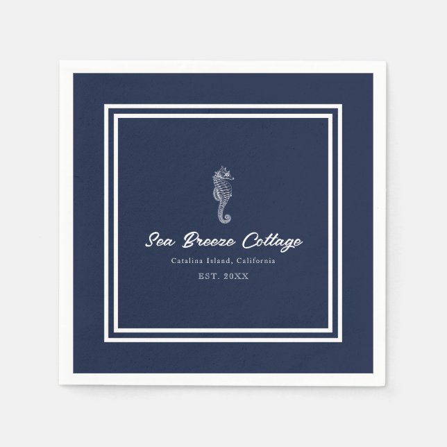 Servilleta De Papel Delight Nautical: Caballo de mar azul y blanco (Anverso)