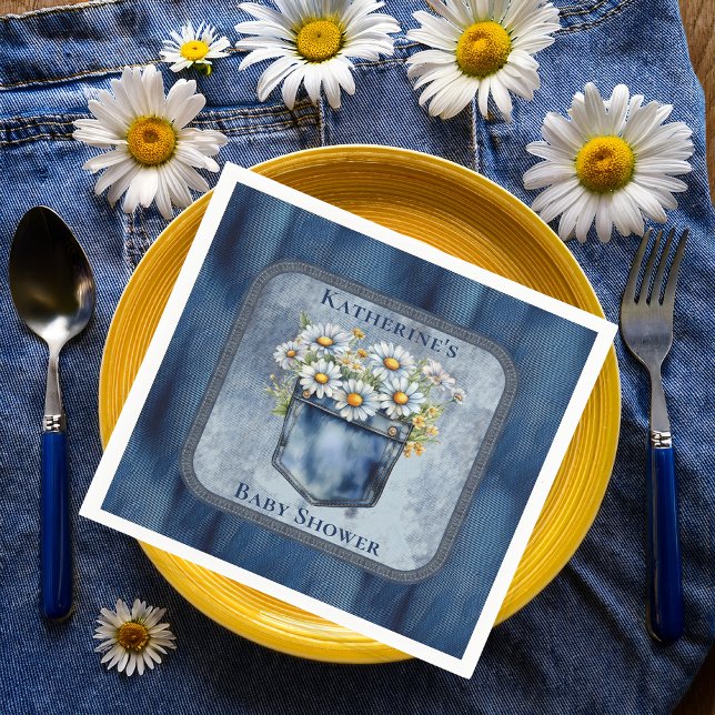 Servilleta De Papel Denim Blue Jean | Daisies Floral Baby Shower (Blue Jean Pocket Denim and Daisies Baby Shower Paper Napkins)