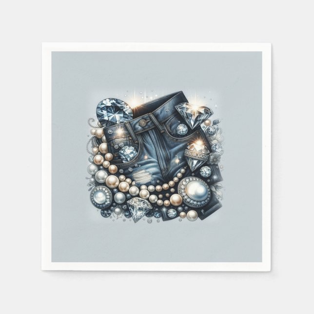 Servilleta De Papel Denim Diamonds & Pearls Jeans Bling Fiesta (Anverso)