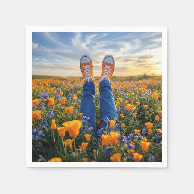 Servilleta De Papel Denim Jeans and Orange Sneakers in Flowers (Anverso)