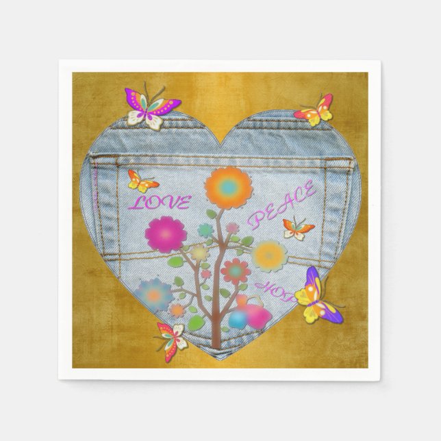 Servilleta De Papel Denim Pocket Heart Flowers Butterflies on Gold (Anverso)