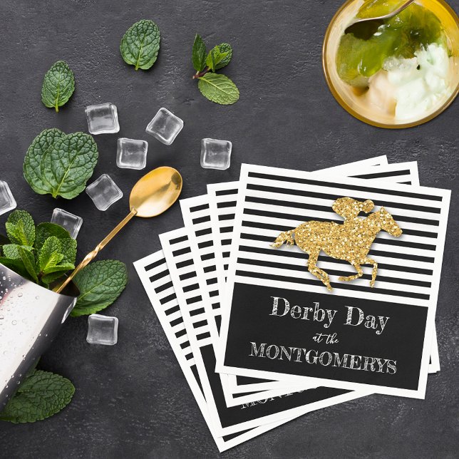Servilleta De Papel Derby Gold Racehorse Bandas negras y blancas (Derby gold racehorse on black and white stripes personalized napkins)