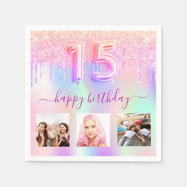 Servilleta De Papel Derivaciones holográficas rosas de Quinceanera (Anverso)