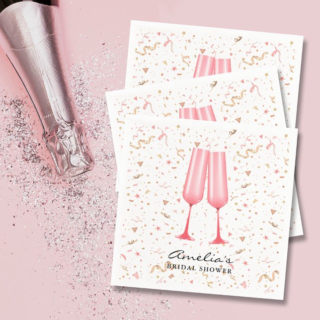 Servilleta De Papel Desayuno rosa y brindis con burbujas para despedid (Pink champagne glasses brunch and bubbly bridal shower napkins)