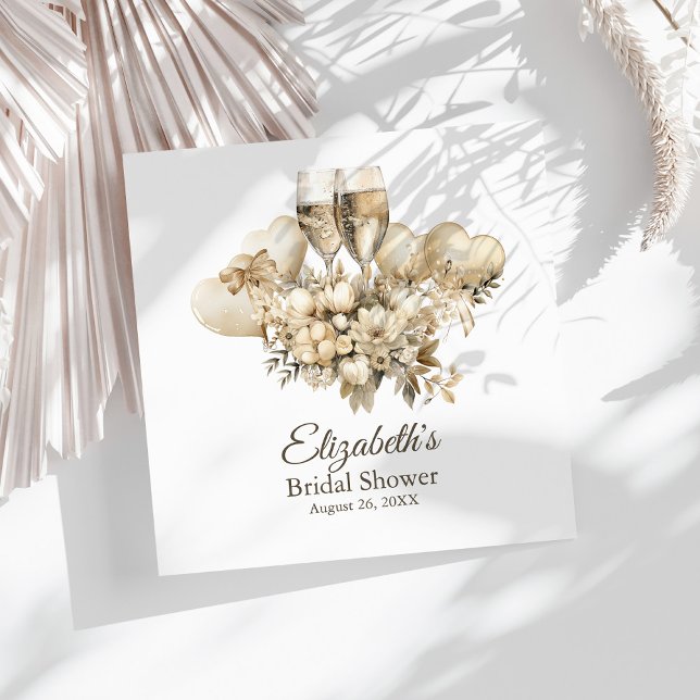 Servilleta De Papel Desayuno y burbujas de champán Flores Despedida de (Brunch and Bubbly Champagne Flowers Bridal Shower Napkins on a sunny white table.)