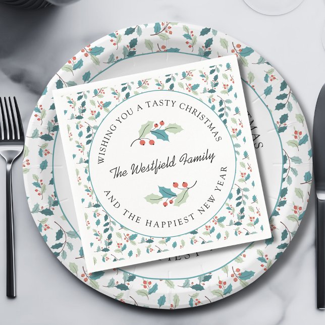 Servilleta De Papel Deseándote una fiesta de feriado de Navidades sabr (Wishing You a Tasty Christmas Holly and Red Berries Paper Napkin)