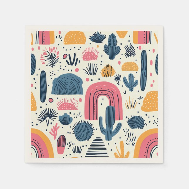 Servilleta De Papel Desierto de Boho con cactus y arcoiris (Anverso)