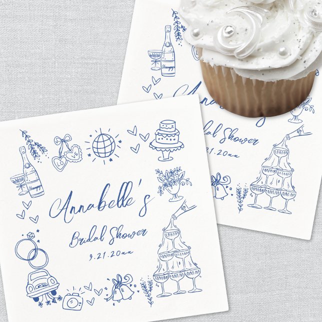 Servilleta De Papel Despedida de Soltera Caprichosa Dibujada a Mano en (Hand Drawn Blue Whimsical Bridal Shower Napkins)