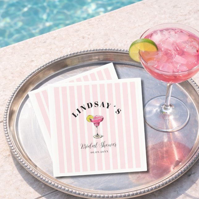 Servilleta De Papel Despedida de soltera con cóctel de raya rosa (Pink Stripe Cocktail Bridal Shower Napkins)