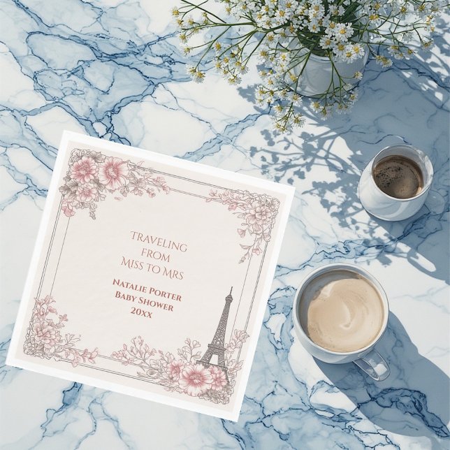 Servilleta De Papel Despedida de soltera de Señorita a Señora París (Traveling from Miss to Mrs Bridal Shower Paris Napkins)