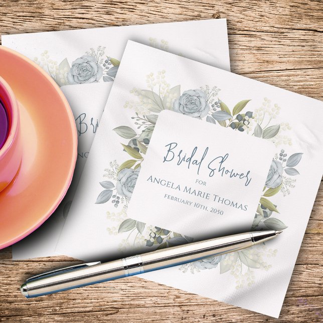 Servilleta De Papel Despedida de soltera elegante caligrafía azul flor (Blue floral Bridal Shower Napkins with stylish calligraphy script. )