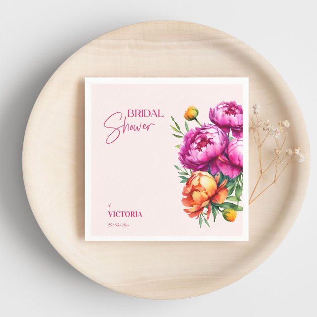 Servilleta De Papel Despedida de soltera elegante con peonías magenta  (Pink magenta peach peonies elegant bridal shower custom template napkins personalized tableware)