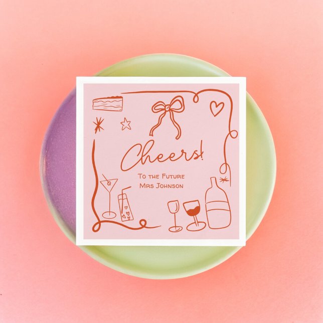 Servilleta De Papel Despedida de soltera ilustrada con dibujos a mano  (Retro pink red hand drawn illustrated bridal shower napkins)
