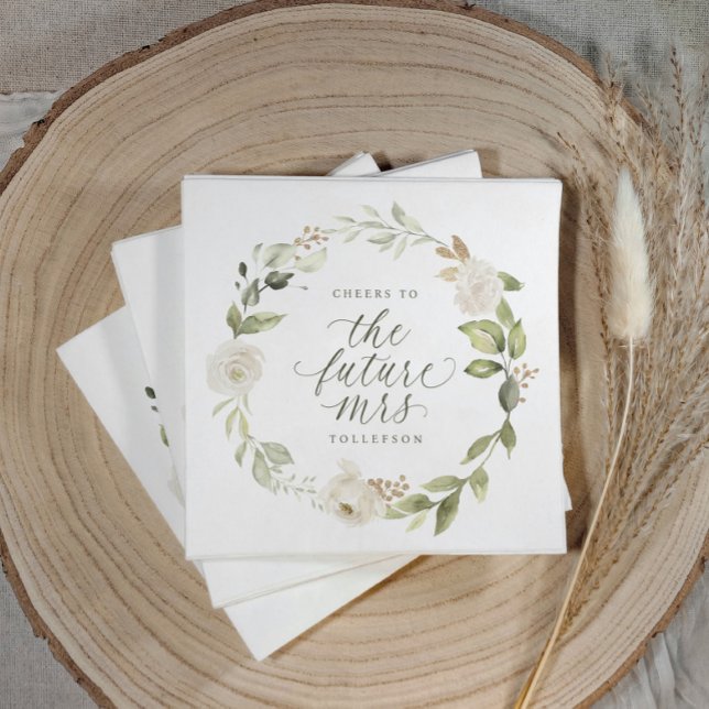 Servilleta De Papel Despedida de Soltera La futura Sra. Acuarela Flora (Elegant sage green bridal shower napkin with watercolor floral design and “cheers to the future mrs”)