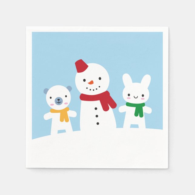 Servilleta De Papel Día de nieve kawaii con conejo y oso (Anverso)