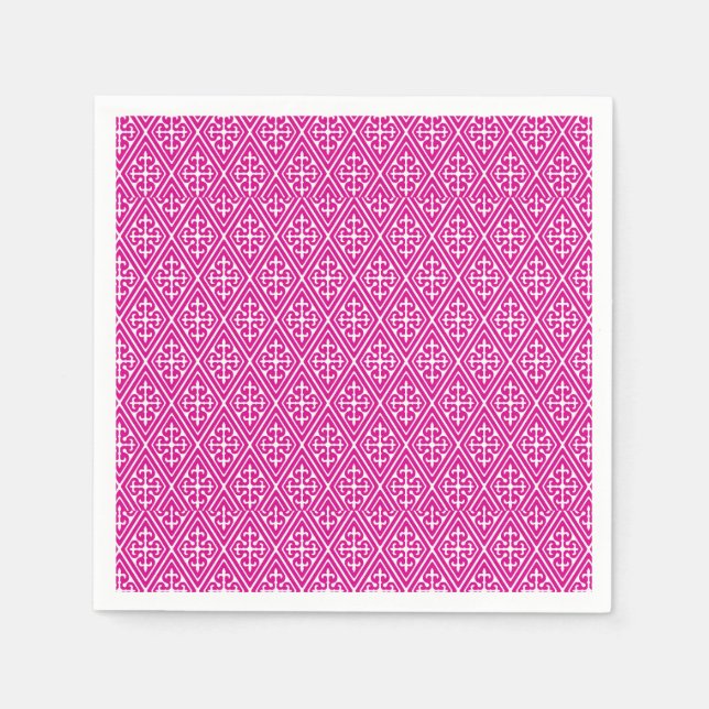 Servilleta De Papel Diamantes medievales de Damasco, magenta y blanco (Anverso)