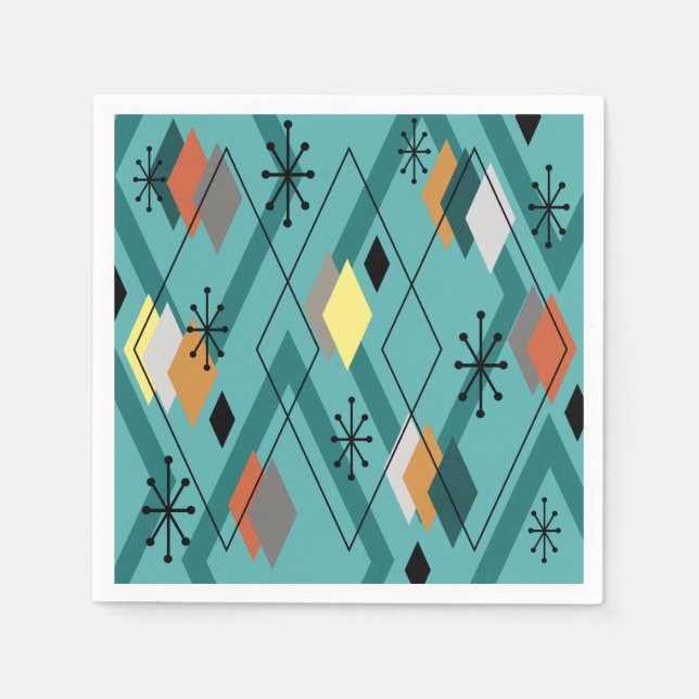 Servilleta De Papel Diamantes modernos de mediados de siglo Turquesa (Anverso)