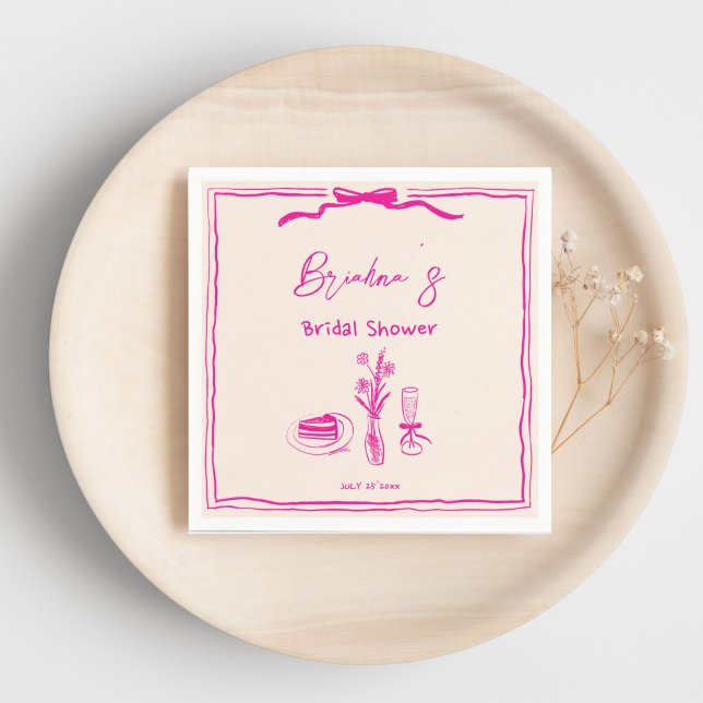 Servilleta De Papel Dibujo a mano garabato retro lazo rosa despedida d (Handdrawn scribble retro pink ribbon bridal shower template napkins personalized tableware decor)