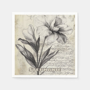 Servilleta De Papel Dibujo de Flor Marrón Nostálgico en Papel Antiguo