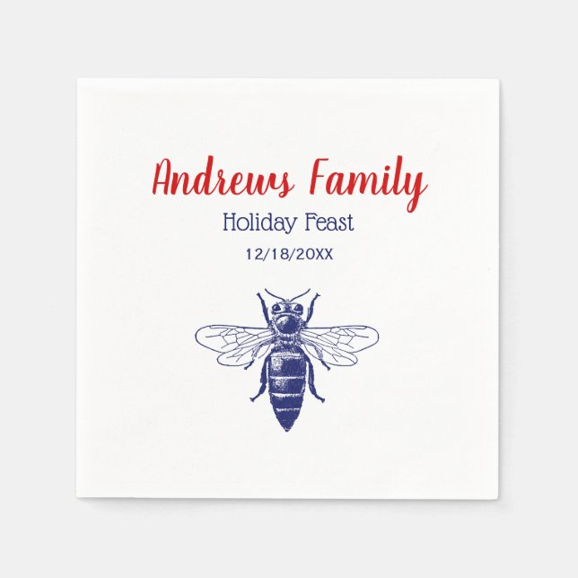 Servilleta De Papel Dibujo vintage de abeja reina en azul (Anverso)