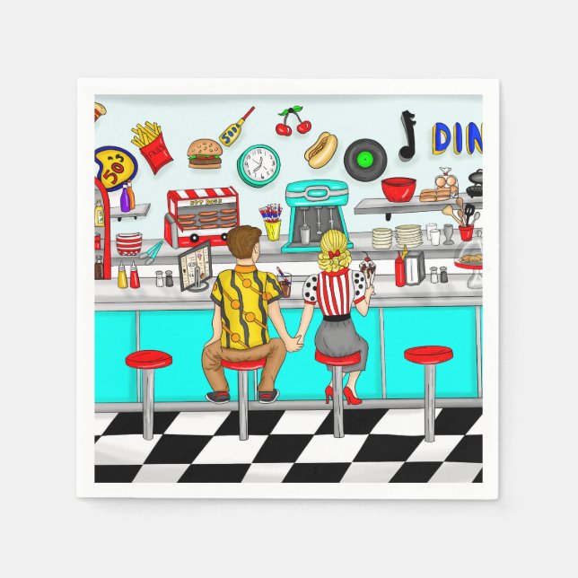 Servilleta De Papel Diner de los años 50 | Pareja sosteniendo manos (Anverso)