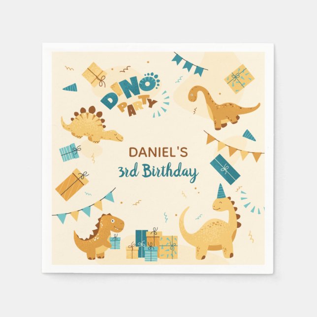 Servilleta De Papel Dino Fiesta. Cute Dinosaurios Tercer Cumpleaños (Anverso)
