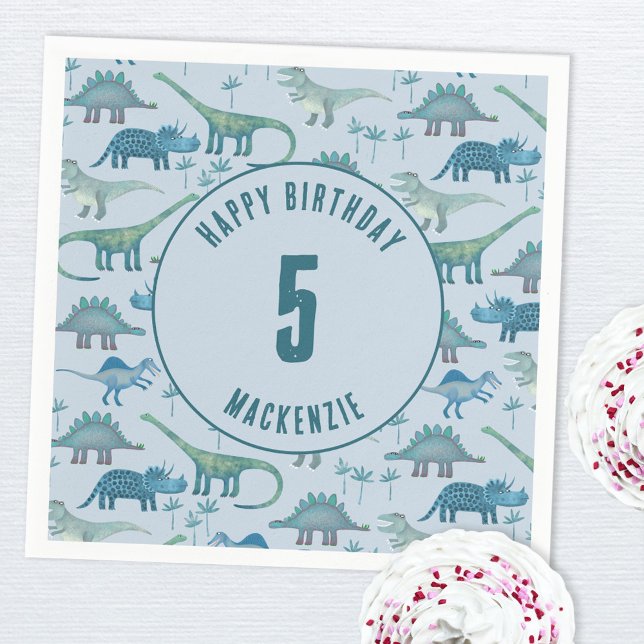 Servilleta De Papel Dinosaur Boy Kids Fiesta de cumpleaños Azul (Dinosaur personalized kids party paper napkin)
