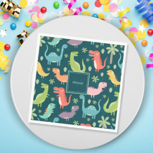 Servilleta De Papel Dinosaur Pattern Blue Monogrammed Kid Boy Party