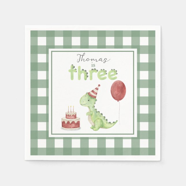 Servilleta De Papel Dinosaurio acuarela cumpleaños 3 (Anverso)