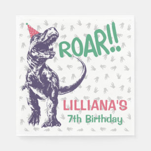 Servilleta De Papel Dinosaurio T-Rex con Sombrero de Fiesta Rosa y Mor