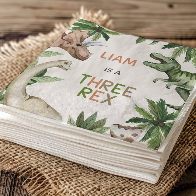 Servilleta De Papel Dinosaurio Verde Rústico Tres Rex Tercer Cumpleaño (Three Rex Birthday Party Paper Napkin, Boys Dinosaur 3rd Birthday Paper Napkin, Dino 3rd Birthday)