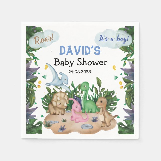 Servilleta De Papel Dinosaurios Forestales Tropicales Boy Baby Shower (Anverso)