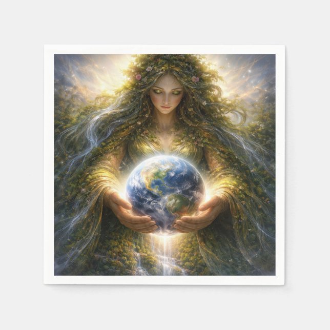 Servilleta De Papel Diosa Gaia sosteniendo suavemente el planeta Tierr (Anverso)