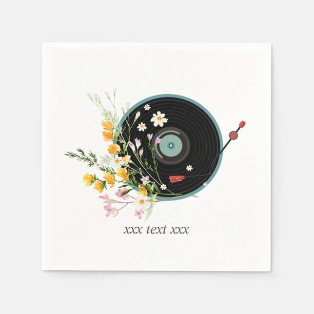 Servilleta De Papel Disco de vinilo, música antigua rústica, flores, (Anverso)